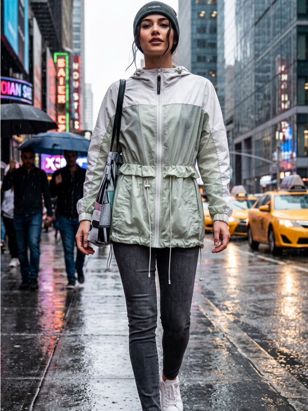 Andrew Marc Light Green/Gray and Cream Hooded Utility Windbreaker-Size M